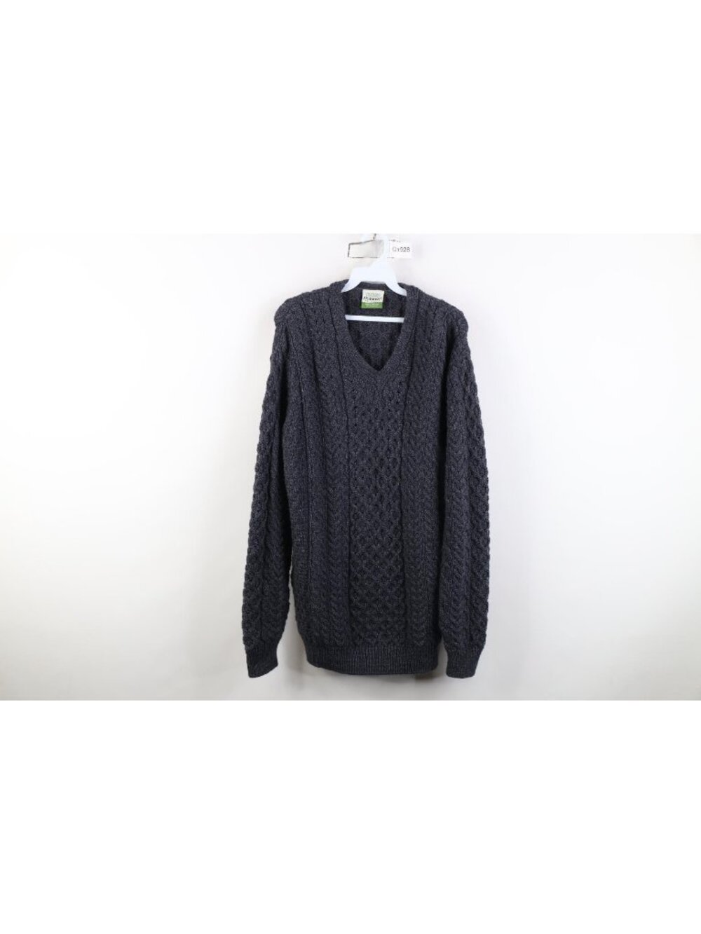 Vintage Mens Large Irish Merino Wool Chunky Cable Knit Fisherman Sweater Blue
